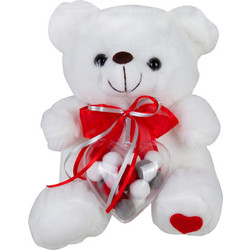 Αρκουδάκι Λούτρινο Αγίου Βαλεντίνου αγάπης λευκό με πλαστική καρδιά και πομ πομ 20cm