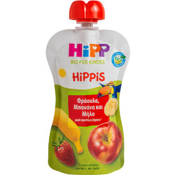 Hipp Hippies Βιολογικό Βρεφικό Ρόφημα Φρουτοπολτός Φράουλα Μπανάνα Μήλο 12m+ Χωρίς Ζάχαρη 100gr