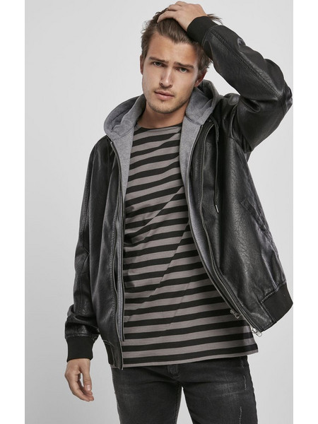 Urban Classics Fleece Hooded Fake Leather Jacket TB3804-Black/Grey