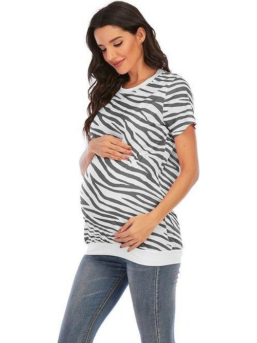 Maternity Printed Round Neck T-Shirt Short Sleeve...