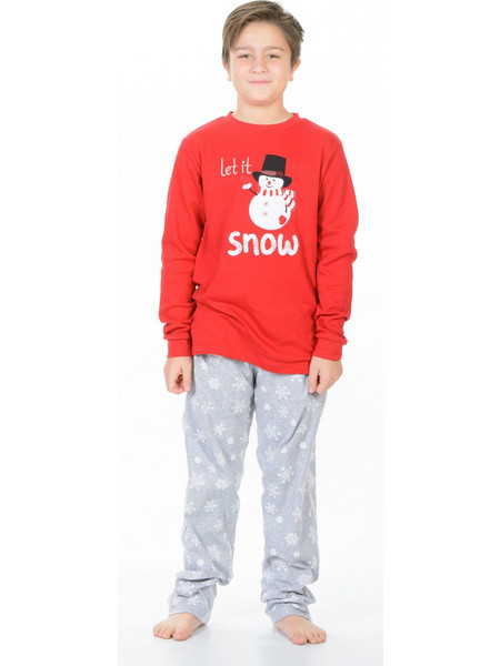 Mei A Snowman Παιδική Πιτζάμα Βαμβακερή Χειμωνιάτικη Κόκκινη Γκρι 602199