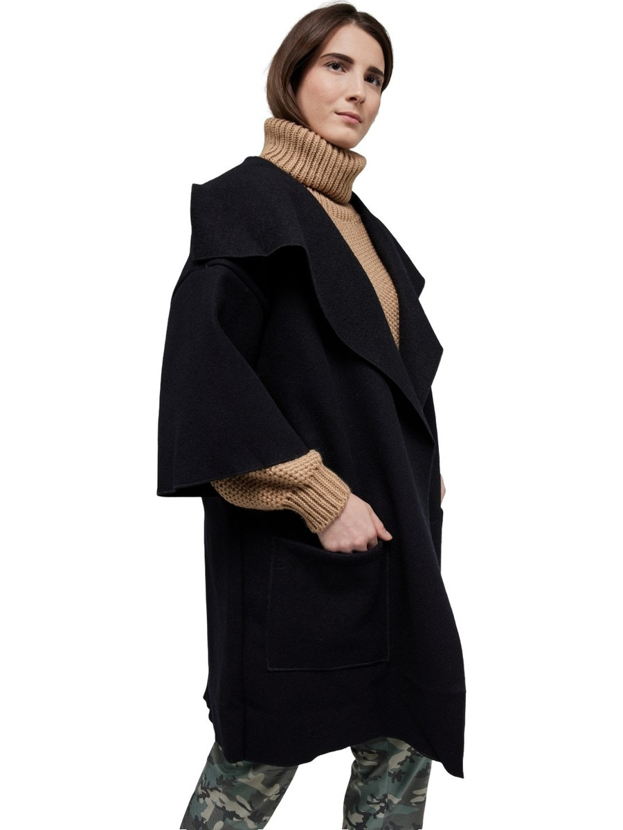 Παλτό με μεγάλα πέτα & ζώνη - Μαύρο