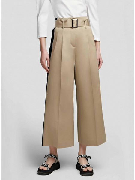 Karl Lagerfeld Ψηλόμεση Υφασμάτινη Γυναικεία Παντελόνα Loose Εφαρμογή Καμπάνα Μπεζ 215W1005