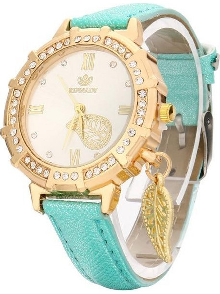Dial Plated Diamond PU Leather Belt Watch with Leaf Pendant(Green)