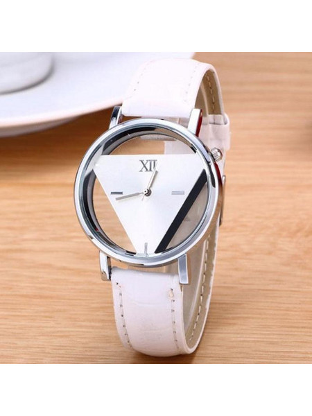 Snake Belt Women Watch Double-Sided Hollow Perspective Triangle Quartz Watch(White)