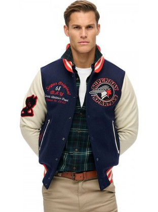 Superdry OVIN VARSITY PATCHED Ανδρικό Μπουφάν Χειμωνιάτικο Bomber Navy Μπλε Μπεζ M5011942A-GKV