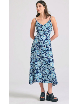 Funky Buddha Midi Καλοκαιρινό Καθημερινό Φόρεμα Μεταξωτό Navy Μπλε FBL011-013-13