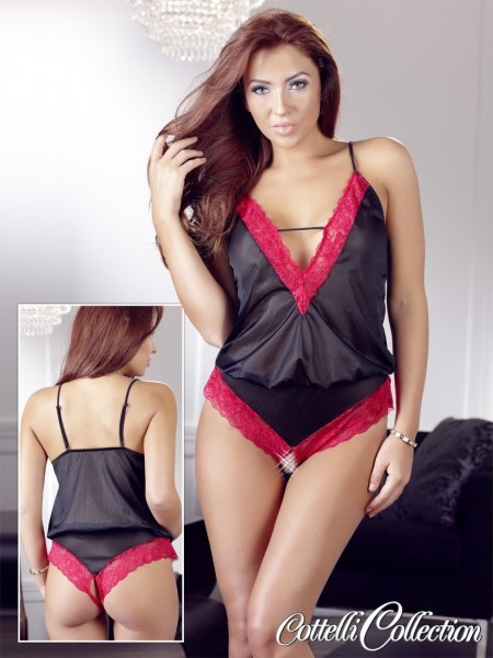 Cottelli Sexy Κορμάκι Slip Αυτοκινήτου Σατέν με Δαντέλα Μαύρο Κόκκινο 4024144243075