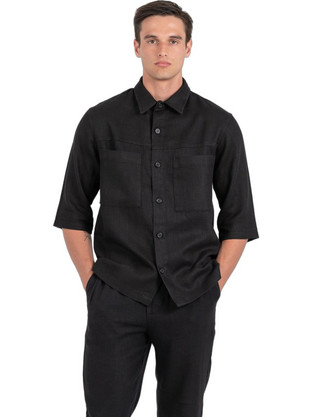 Vittorio Artist Ανδρικό Πουκάμισο Λινό Κανονική Γραμμή Overshirt Μαύρο 300-25-SUNRISE