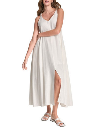 DKNY Midi Καλοκαιρινό Καθημερινό Φόρεμα Λινό Λευκό DJ6D9162-IVY