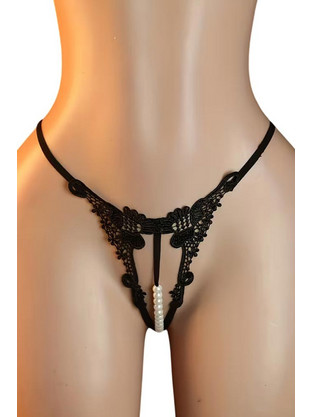 AnnaMu Γυναικείο Sexy String Αυτοκινήτου με Δαντέλα & Πέρλες Μαύρο A-1175