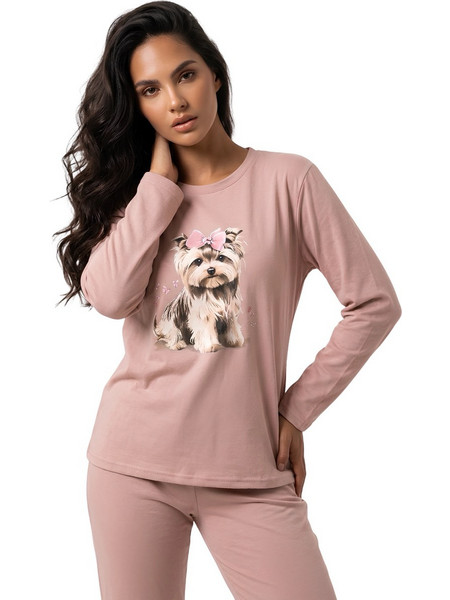 PNN Nightwear Yorkshire Terrier Σετ Γυναικείες Πιτζάμες Χειμωνιάτικες Βελουτέ Ροζ 1271-0604