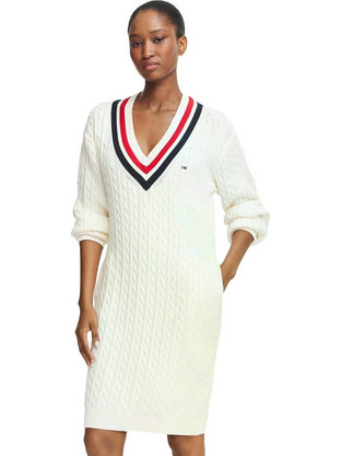 Tommy Jeans Midi Καθημερινό Μπλουζοφόρεμα Πλεκτό Λευκό DW0DW23540
