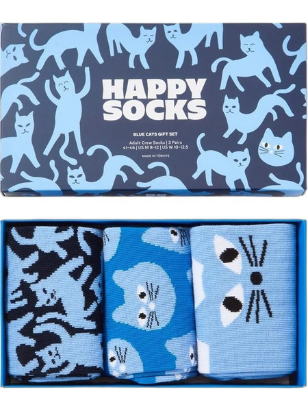 Happy Socks Blue Cats Ανδρικές Κάλτσες Ψηλές με Σχέδια Royal Blue Navy Μπλε 3Pack P006081