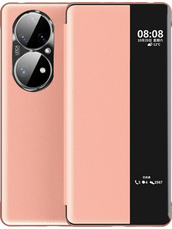 Θήκη Huawei P50 Pro OEM Half Mirror View Stand Cover v5 με μαγνητικό κούμπωμα από συνθετικό δέρμα ροζ χρυσό