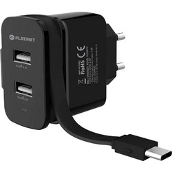 Platinet Φορτιστής με Καλώδιο USB-C με 2 Θύρες USB-A Black