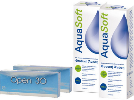 Combo Μηνιαίοι Φακοί Επαφής Μυωπίας Open 30 6τμχ & Υγρό Φακών Επαφής Aquasoft 360ml+360ml