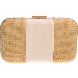 Τσαντάκι Clutch ψάθινο με δερματίνη & μεταλλικό, επίχρυσο κούμπωμα σε χρώμα μπεζ εκρού 20x12x5cm