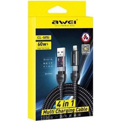 AWEI CL-126 Καλώδιο Φόρτισης και Μεταφοράς Δεδομένων 1Μ DATA CABLE 4 Σε 1 Multi Charging Cable 60W Τype C Σε Type-C (USB / Light