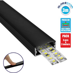 GloboStar(R) SURFACE-PROFILE 70810-3M Προφίλ Αλουμινίου - Βάση & Ψύκτρα Ταινίας LED με Μαύρο Φιμέ Κάλυμμα - Επιφανειακή Χρήση - Πατητό Κάλυμμα - Μαύρο - 3 Μέτρα - Πακέτο 5 Τεμαχίων - Μ300 x Π2.4 x Υ1.