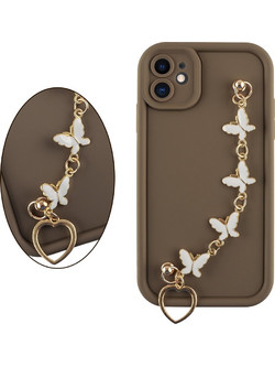 Volte-Tel Θηκη Iphone 11 6.1'' Silicon Tpu With Strap Full Camera Protection Brown With White BUTTERFLIES - (5205308379543)