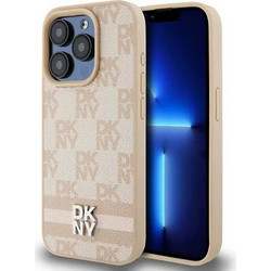 DKNY Leather Checkered Mono Pattern & Printed Stripes case for iPhone 15 Pro Max - pink - (DK000123-0)