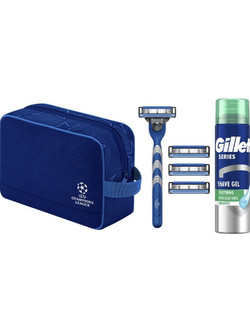 Gillette Promo Champions League Mach 3, Ξυριστική Μηχανή, 1τμχ Ανταλλακτικά για Ξυραφάκι, 4τμχ Sensitive Shave Gel Τζελ Ξυρίσματος, 200ml & ΔΩΡΟ Νεσεσέρ