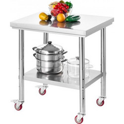 VEVOR Ανοξείδωτο Τραπέζι Εργασίας 60 x 76 cm με Ρόδες και Ρυθμιζόμενο Ράφι Κάτω για Κουζίνα DLGZT2CWDB248JRDY001V0