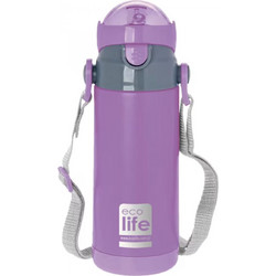 Ecolife Kids Thermos Παιδικό Μπουκάλι Θερμός Ανοξείδωτο με Καλαμάκι Μωβ 400ml