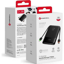 Forcell F10K6 Multicharge Power Bank 10000mAh 22.5W με Ενσωματωμένα Καλώδια USB-C & Lightning PD QC3.0 Black