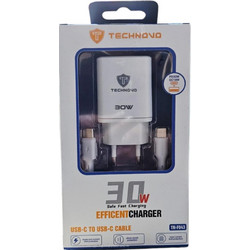 Technovo TN-F043 Φορτιστής θύρες 1x USB και 1x Type-c 30w με Καλώδιο Type-c to Type-c σε Λευκός Λευκό Wall Adapter