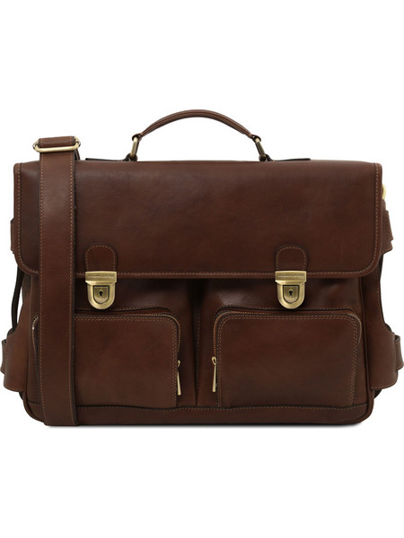 Ventimiglia Leather multi compartment briefcase with front pockets - Καφέ σκούρο
