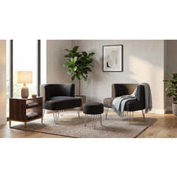 Wing Chair & Pouffe Set (3 Pieces) Elegance Black Fabric: Linen