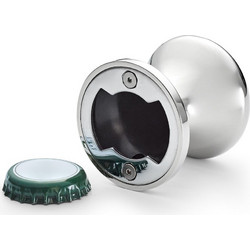 HAMBURGER HEBER bottle opener nickel, mirror-polished, stainless steel, rope 5 (h) cm