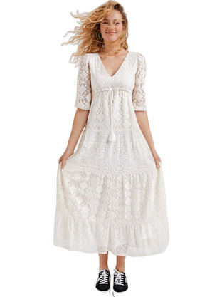 Desigual Maxi Καλοκαιρινό Καθημερινό Φόρεμα με Δαντέλα Λευκό 22SWVW06-1001