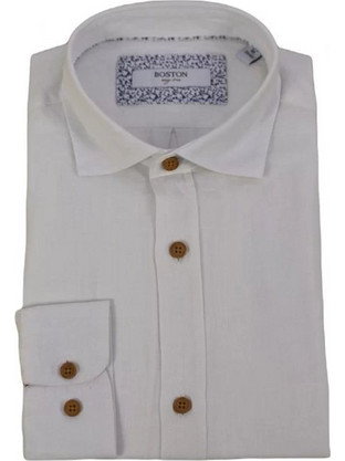 Boston Ανδρικό Πουκάμισο Λινό Μακρυμάνικο Slim Fit με Mao Γιακά Λευκό 1200111-11
