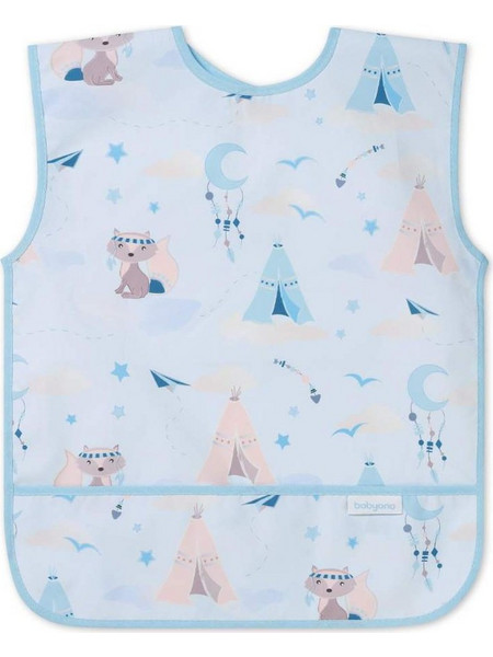 BabyOno Apron Raccoon Αδιάβροχη Σαλιάρα Ποδιά Υφασμάτινη με Αυτοκόλλητο Τσέπη & Μανίκια 6m+ Γαλάζια