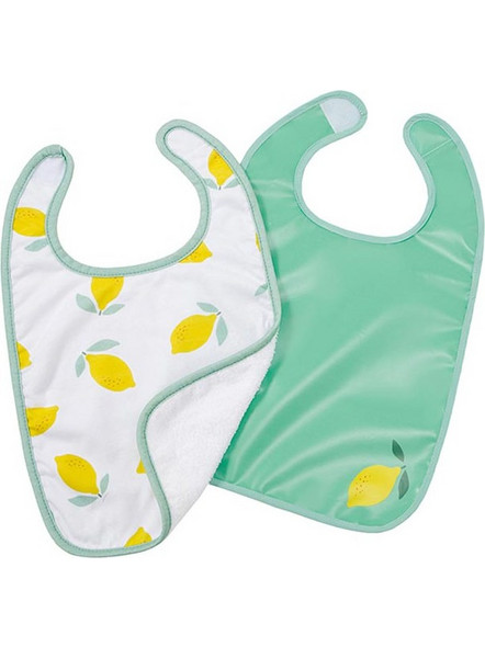 Baby To Love Happy Lemon Σετ Αδιάβροχες Σαλιάρες από 100% Βαμβάκι με Αυτοκόλλητο 6m+ Πράσινο Mint Λευκή 2τμχ