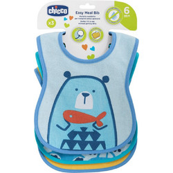 Chicco Easy Meal Σετ Σαλιάρες από 100% Βαμβάκι με Αυτοκόλλητο 6m+ Γαλάζια Κίτρινη 3τμχ