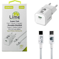 Lime LGC25W Φορτιστής με Καλώδιο USB-C με Θύρα USB-C 25W Power Delivery