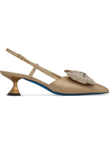 Loriblu Γόβες Slingback Δερμάτινες με Λεπτό Χαμηλό Τακούνι Φιόγκο & Στρας Μπεζ 5EWSR50M50M05