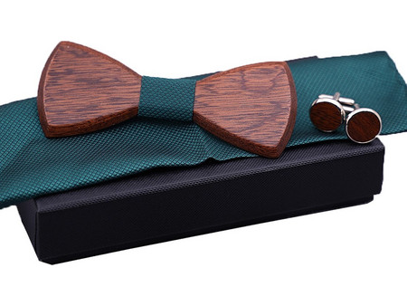 Legend - LGD-WT-351 - Set Wooden Bow Ties Pocket Square and Cufflinks - Petrol - ΠΑΠΙΓΙΟΝ - light green