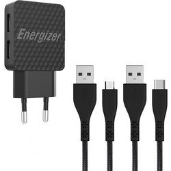 Energizer Φορτιστής με Καλώδιο Micro USB με 2 Θύρες USB-A Black AC2BEULCMM