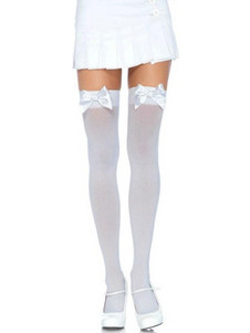 LEG AVENUE - NYLON THIGH HIGHS WITH BOW WHITE / WHITE