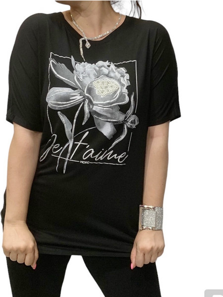 Μπλούζα T-Shirt με Λουλούδι και Πέρλες XL - Μαύρο