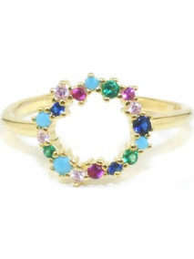 Επιχρυσωμένο ασημένιο δαχτυλίδι με στρογγυλή κεφαλή και πολύχρωμα φυσικά ζιρκόνια
