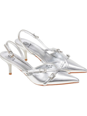 Slingback μυτερές γόβες με λεπτό τακούνι - Ασημί