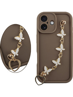 Volte-Tel Θηκη Iphone 16 6.1'' Silicon Tpu With Strap Full Camera Protection Brown With White BUTTERFLIES