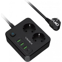 Venex HB4U2E-C Πολύμπριζο 2 Θέσεων Shuko 16ah, 3 Θέσεων USB Και Μιας Θέσεως Type C 30W