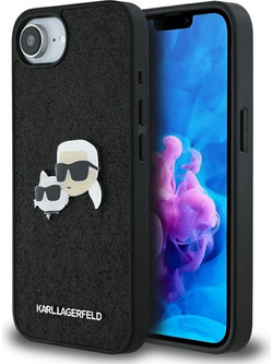 Karl Lagerfeld Fixed Glitter Karl&Choupette Heads Metal Pin iPhone 16e Case - Black